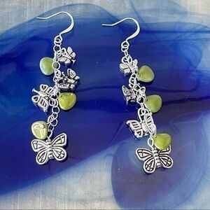 2/$29 Handmade Dangling Butterfly Earrings 2.75” Green Czech Glass